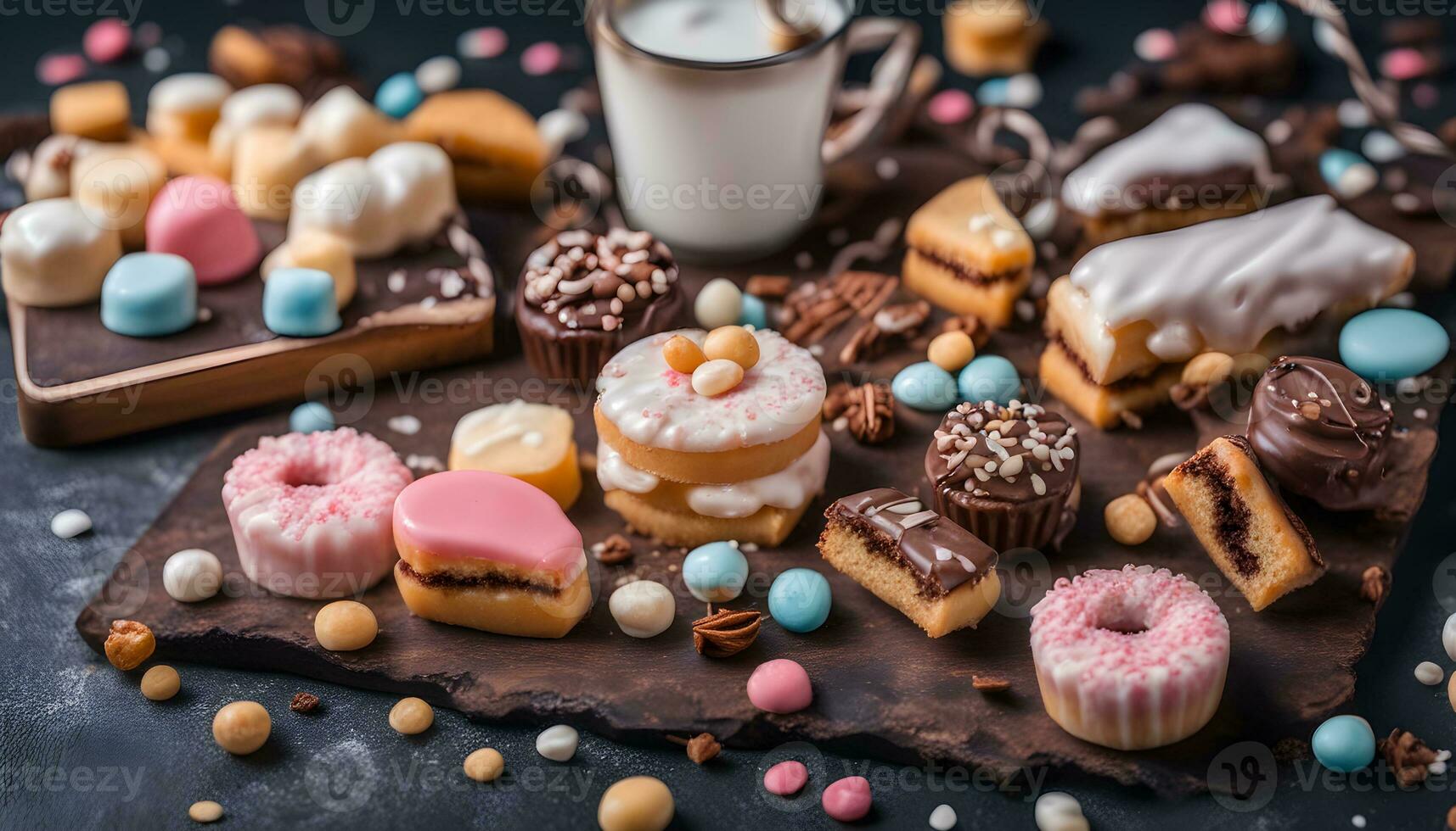 AI generated assortment of sweets and milk on a dark background photo