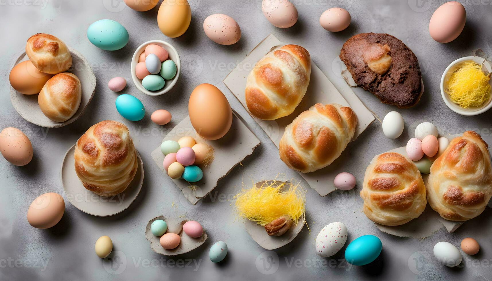 AI generated various easter eggs and breads on a table photo