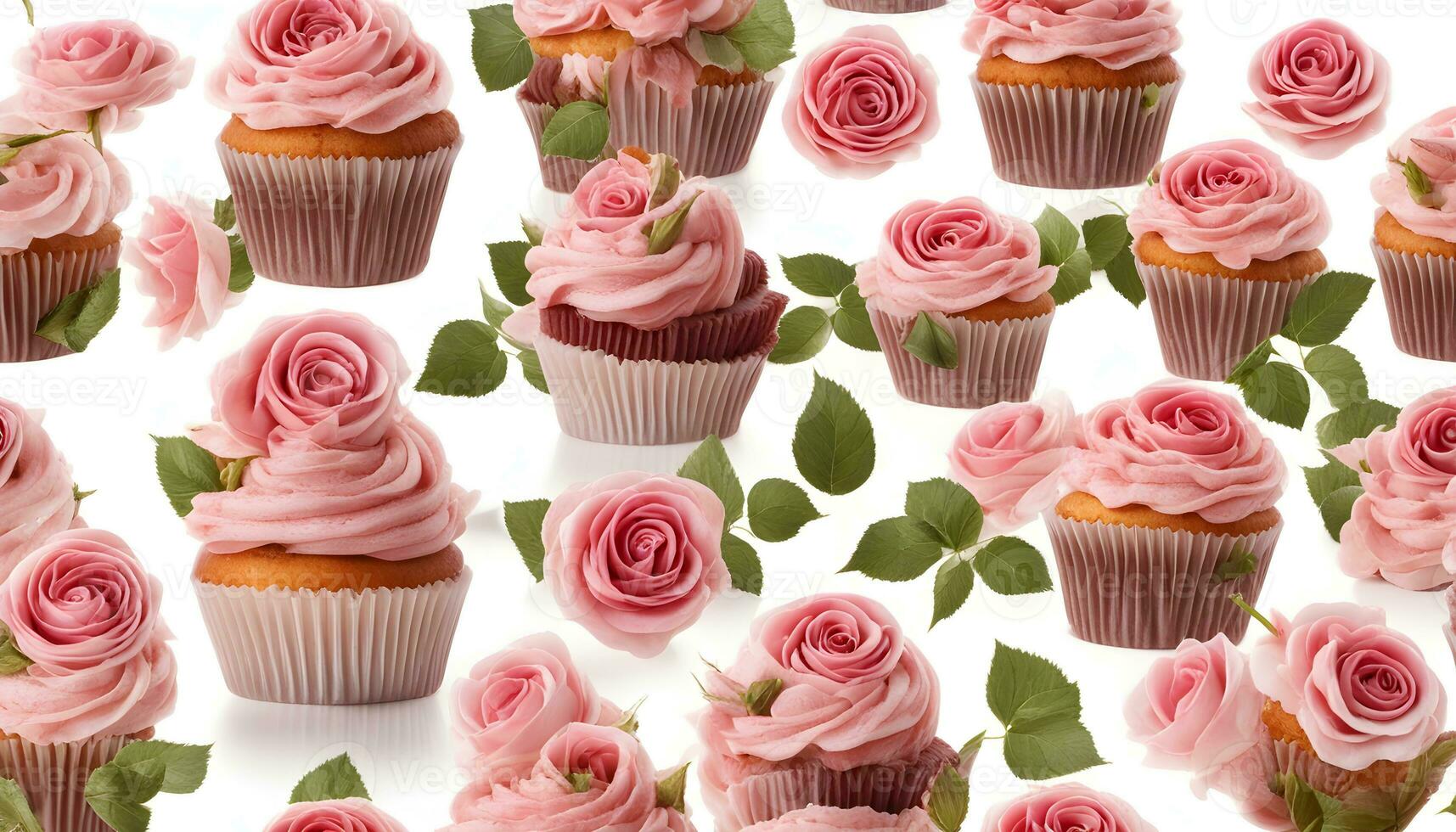 AI generated cupcakes with pink roses on white background photo