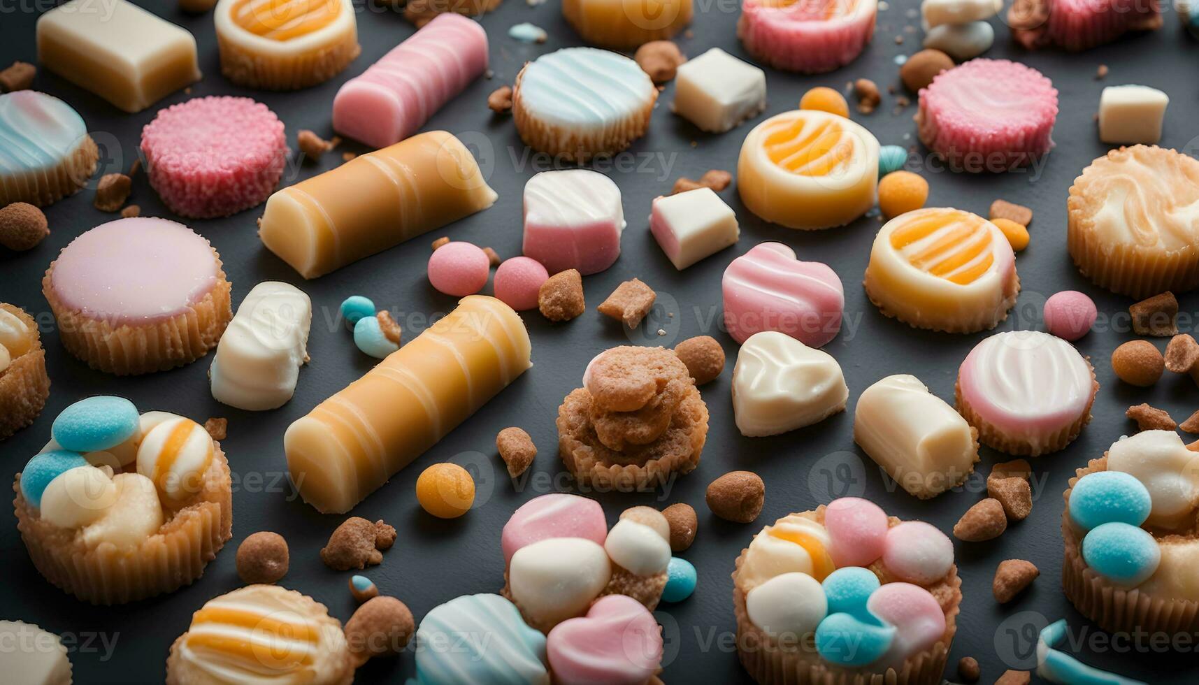 AI generated assortment of colorful sweets on a black background photo