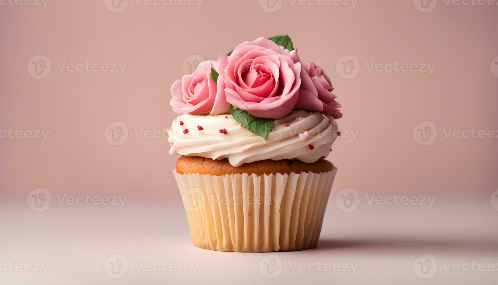 AI generated cupcake with pink roses on a pink background photo