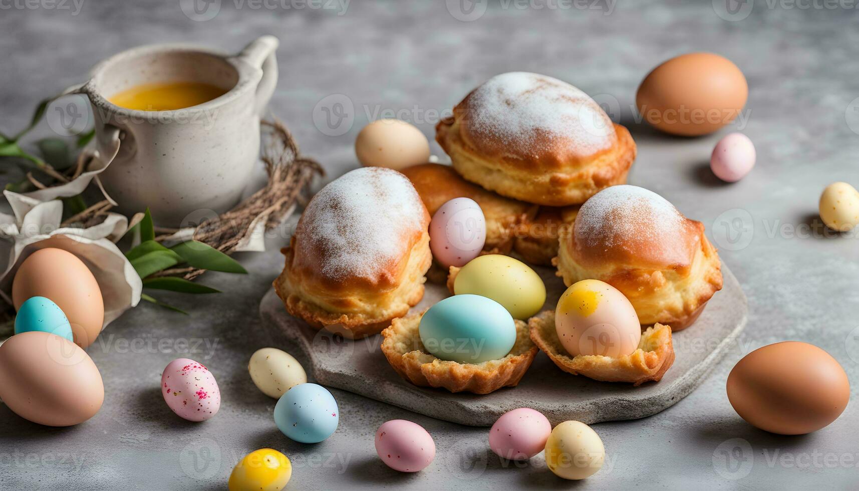 AI generated easter eggs and pastries on a plate with a cup of coffee photo