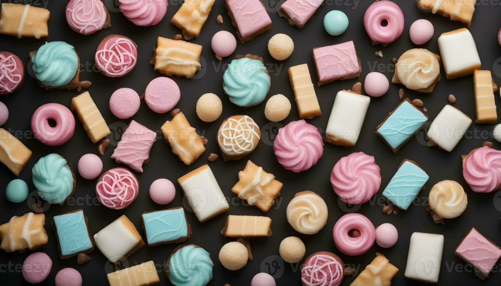 AI generated many different types of cookies and pastries on a black background photo