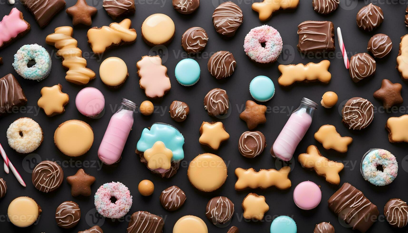AI generated many different types of cookies and candies on a black background photo