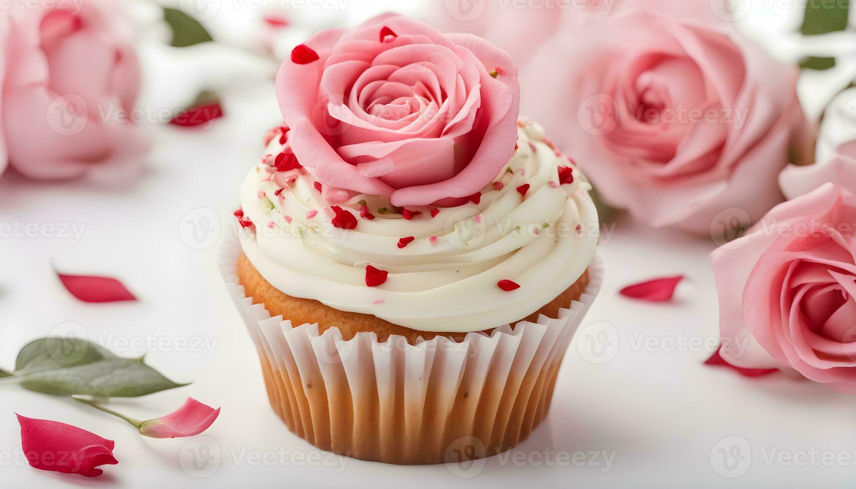 AI generated a cupcake with pink roses on a white background photo