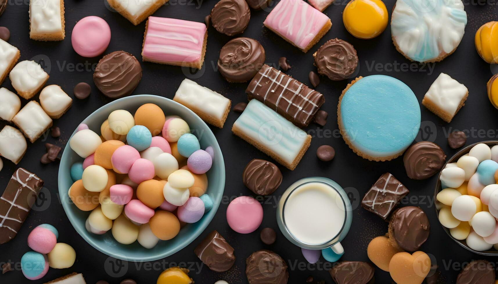 AI generated various types of cookies and sweets on a black background photo