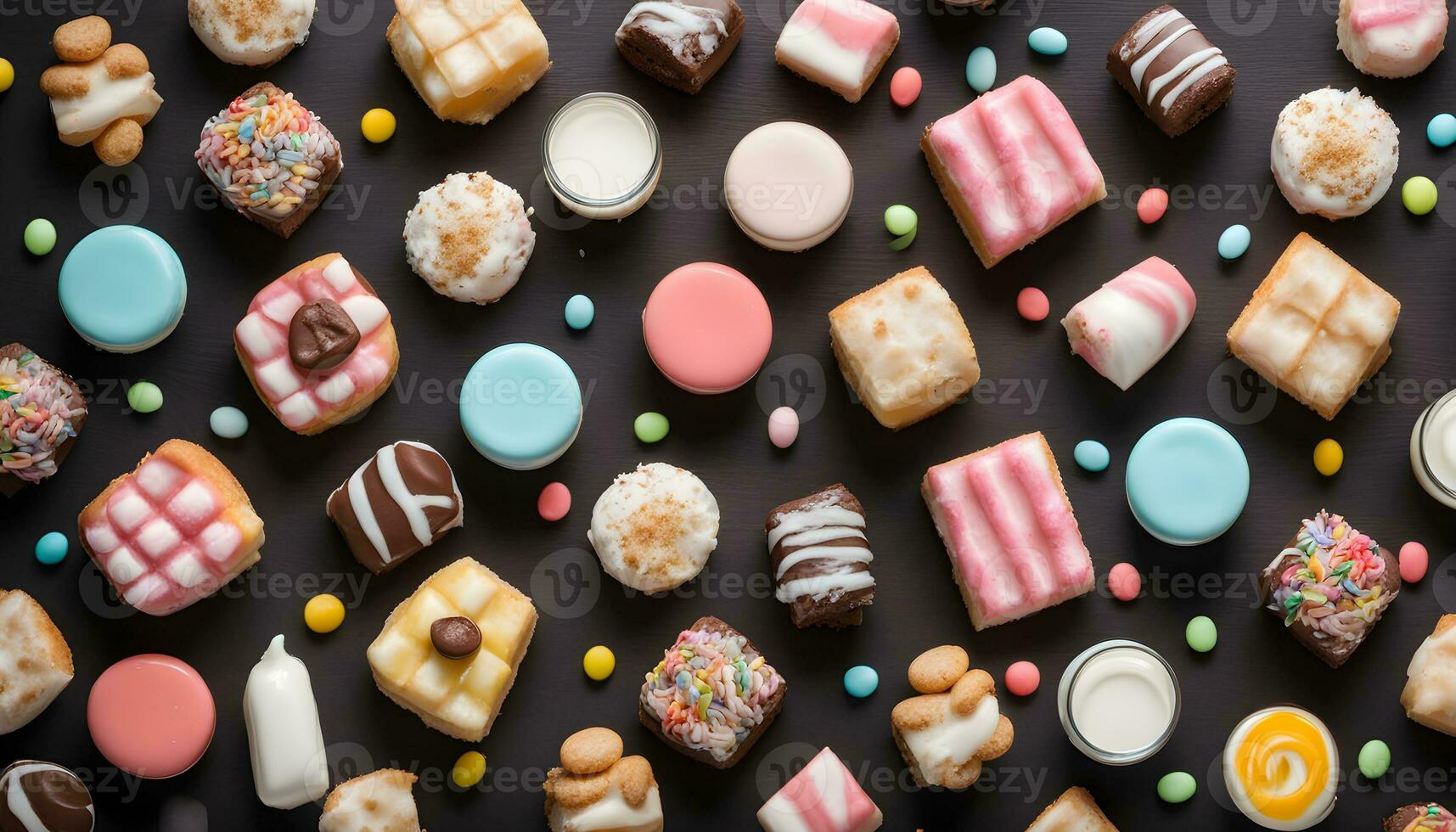 AI generated many different types of donuts and sweets on a black background photo