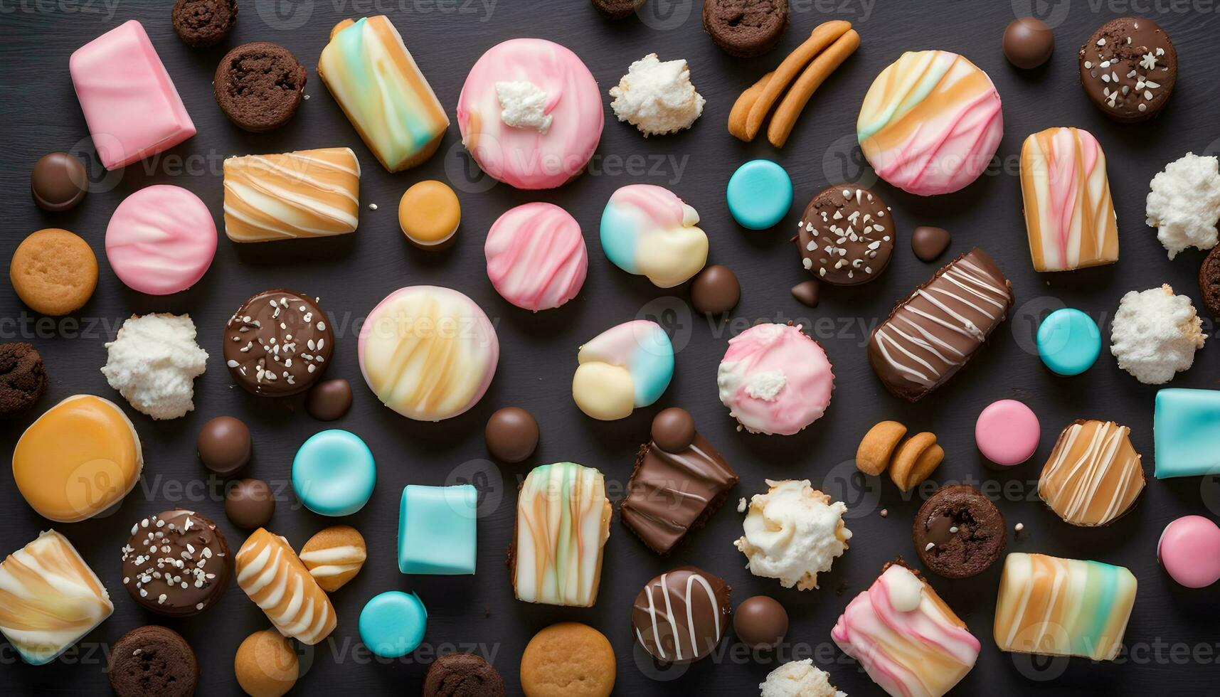 AI generated assorted sweets on a black background photo