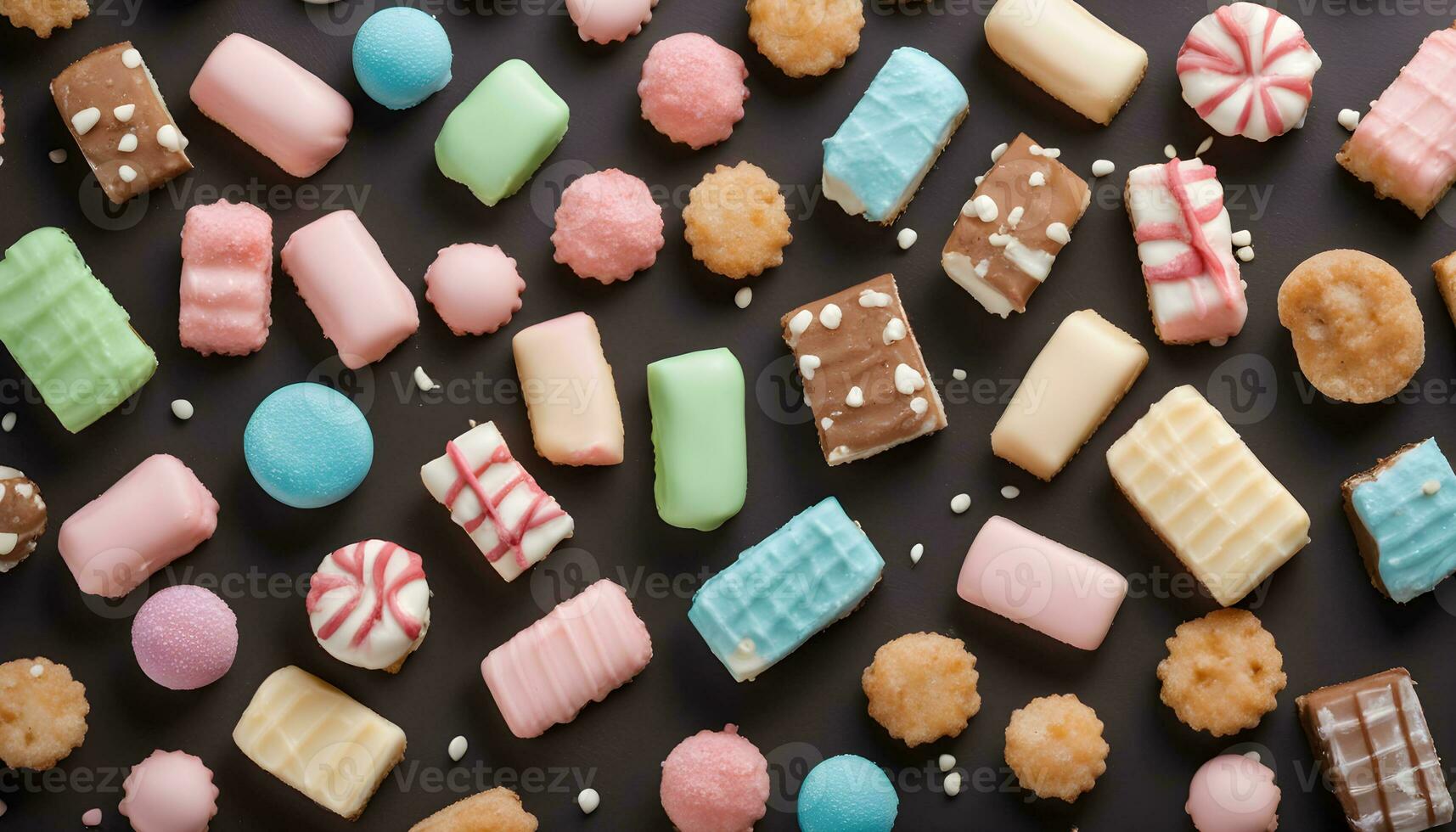 AI generated many different types of cookies and candies on a black background photo