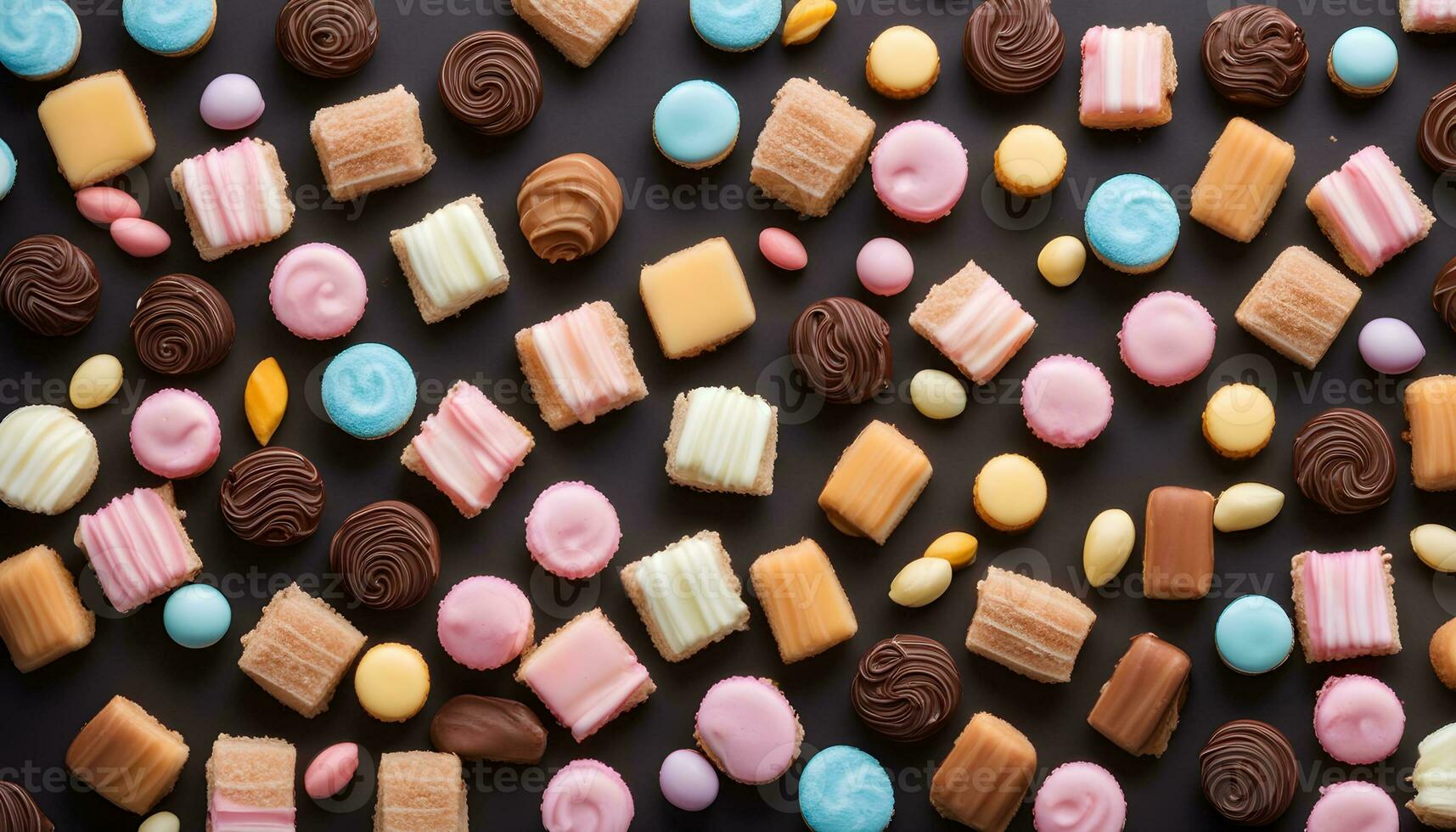 AI generated many different types of candy on a black background photo