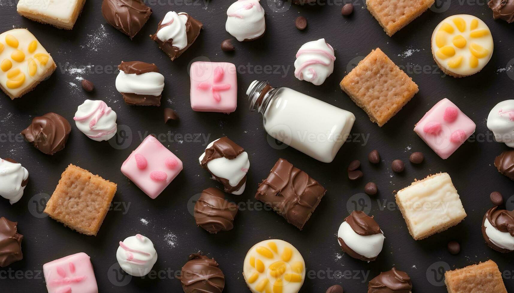 AI generated various types of cookies and milk on a black background photo