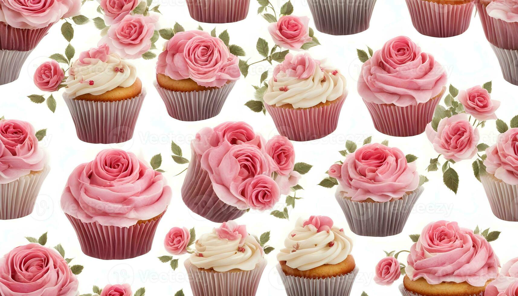 AI generated cupcakes with pink roses on a white background photo