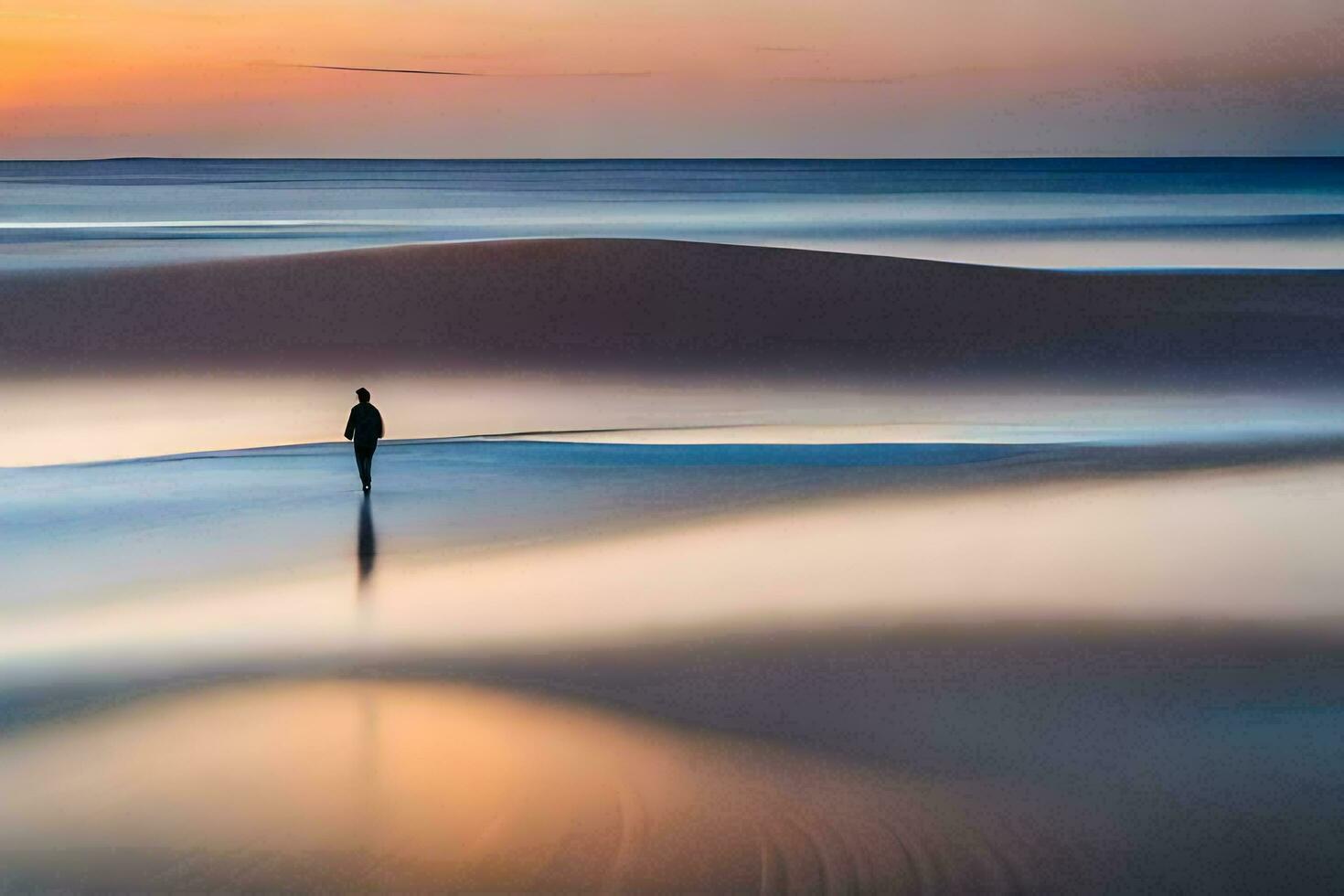 a lone person stands on the beach at sunset. AI-Generated photo
