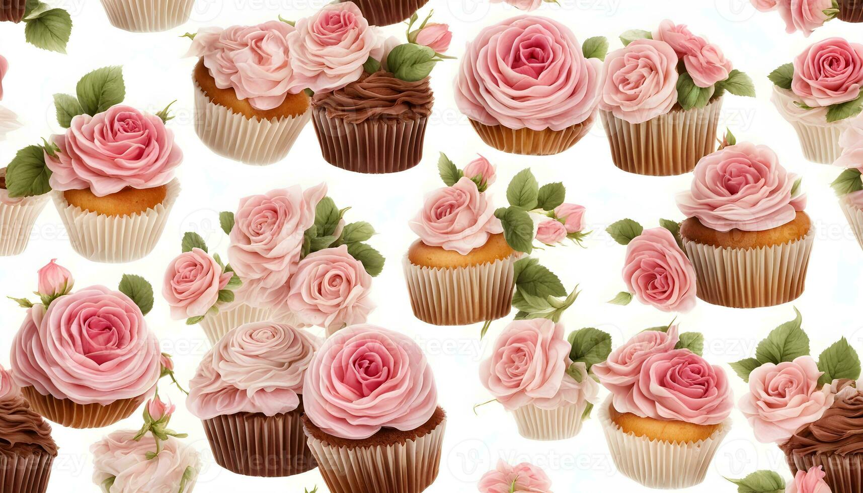 AI generated cupcakes and roses are arranged in a pattern photo