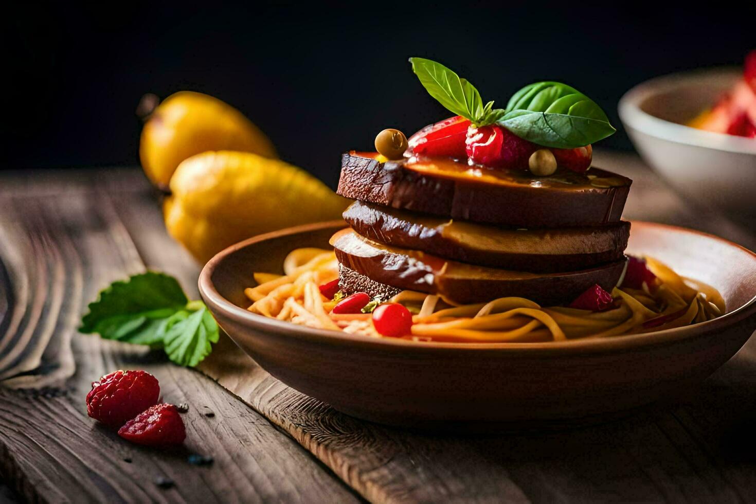 a plate of pasta with tomatoes and berries. AI-Generated photo