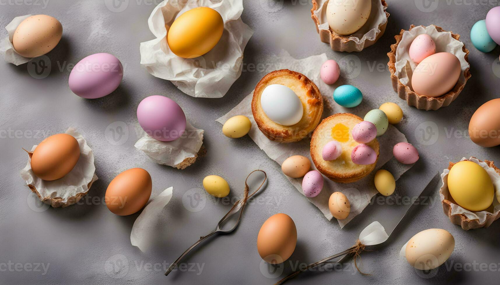 AI generated colorful easter eggs on a table with a knife and spoon photo