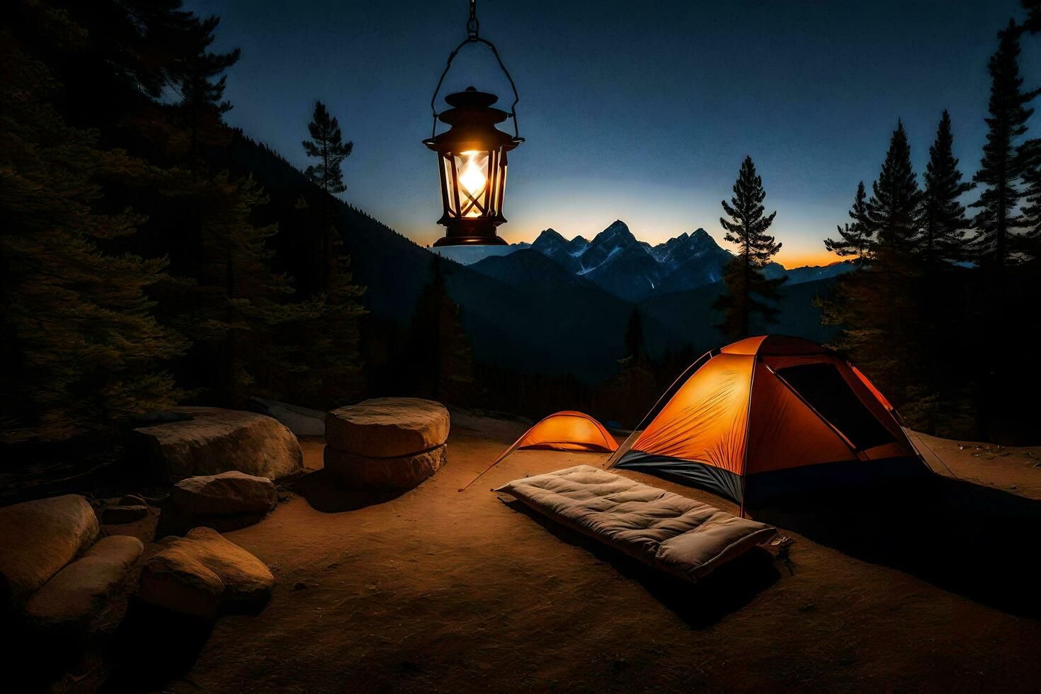 the lantern is lit up in the dark, the tent is set up in the middle of the. AI-Generated photo