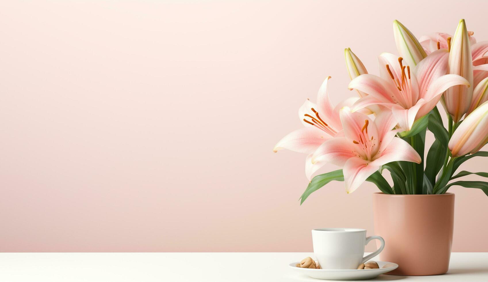 AI generated Flat lay coffee cup with tulip flower background photo