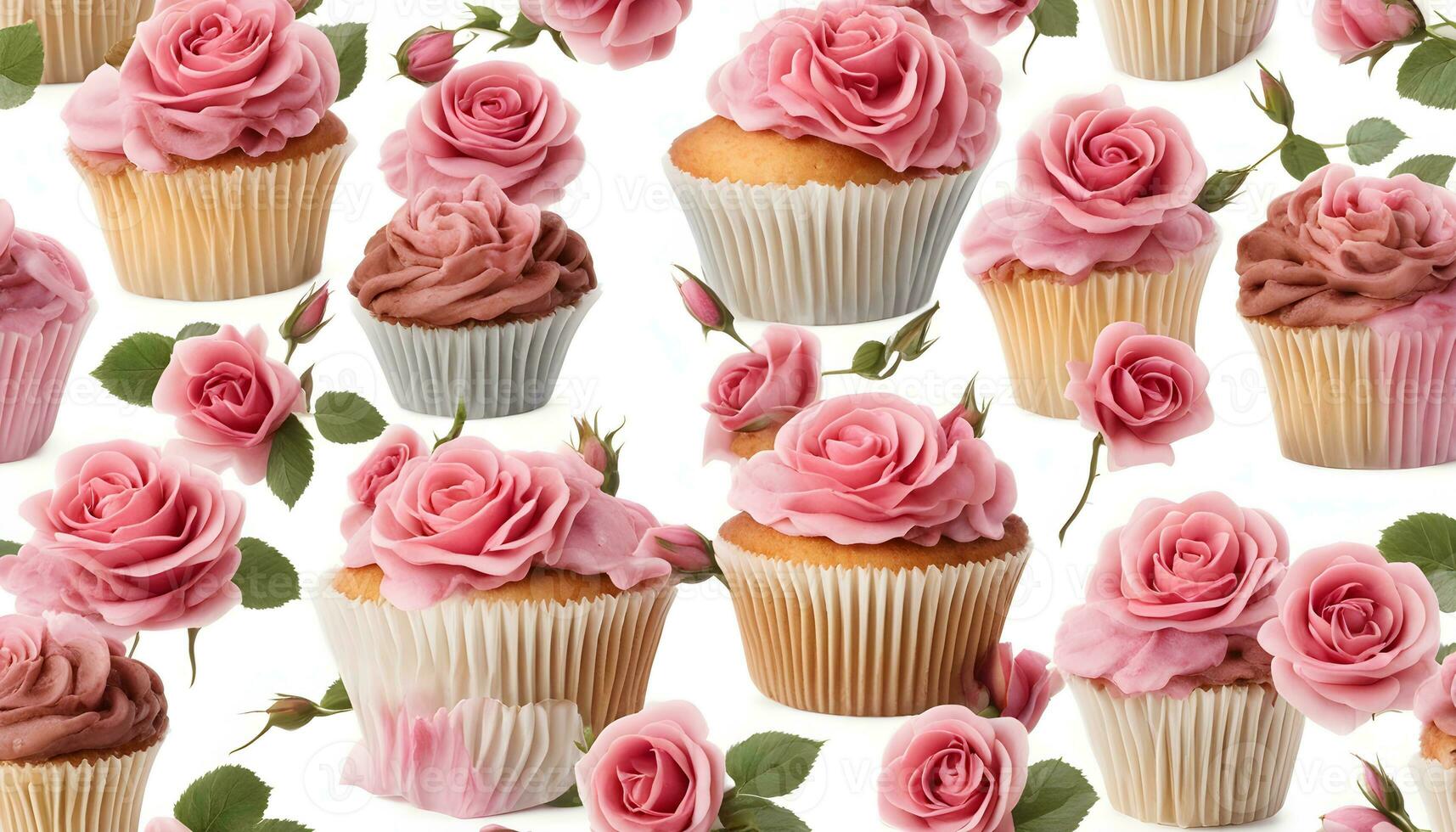 AI generated cupcakes and roses are arranged in a pattern photo