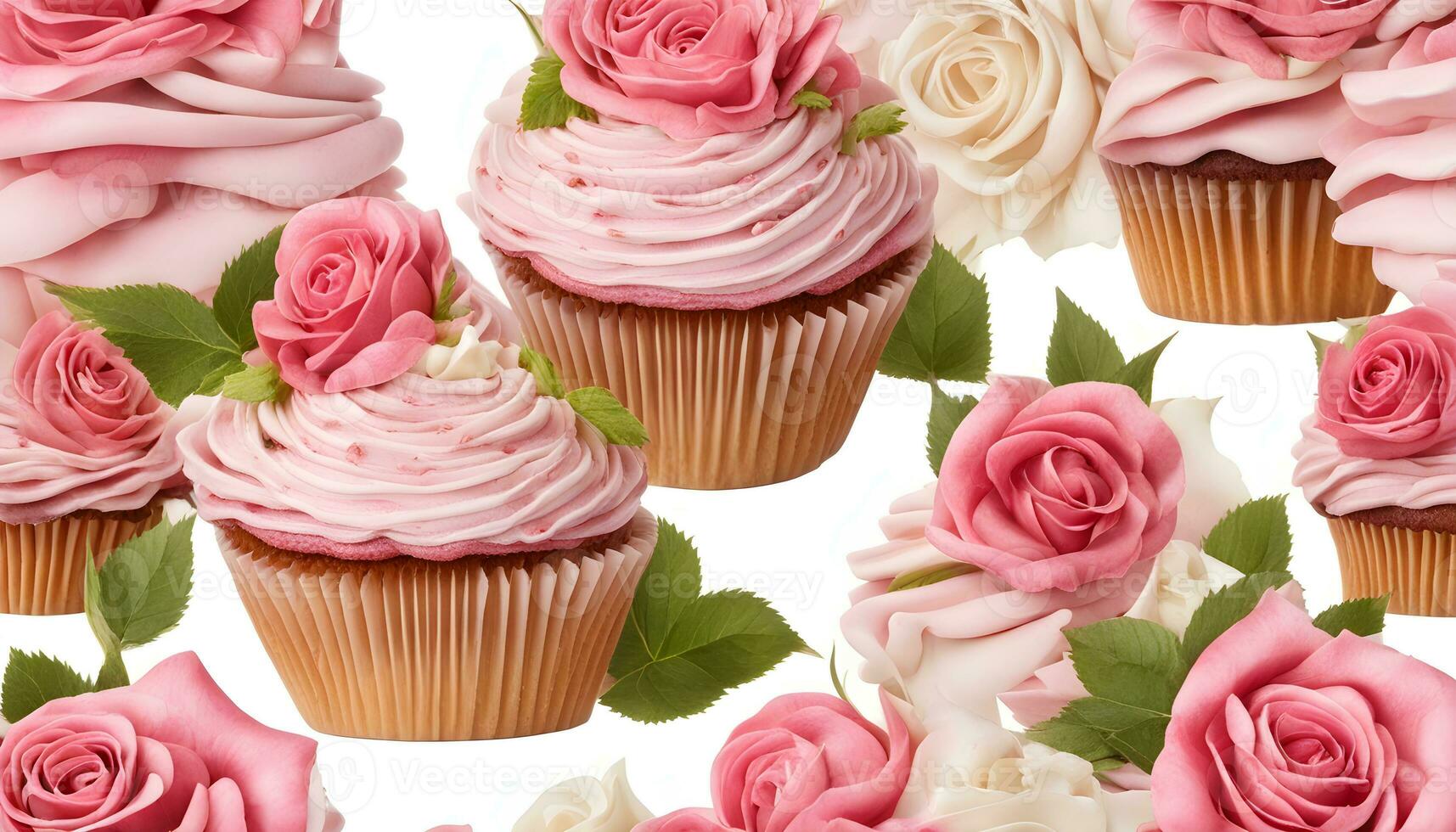 AI generated cupcakes with pink roses and leaves on a white background photo