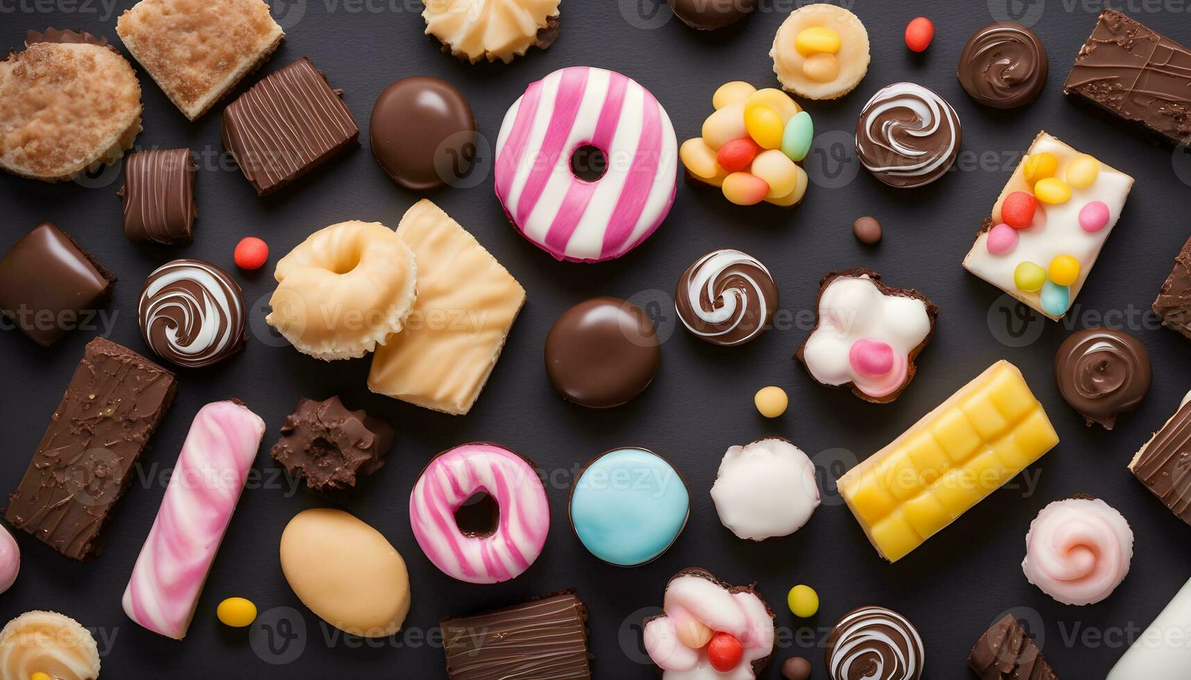AI generated assortment of chocolate and sweets on a black background photo