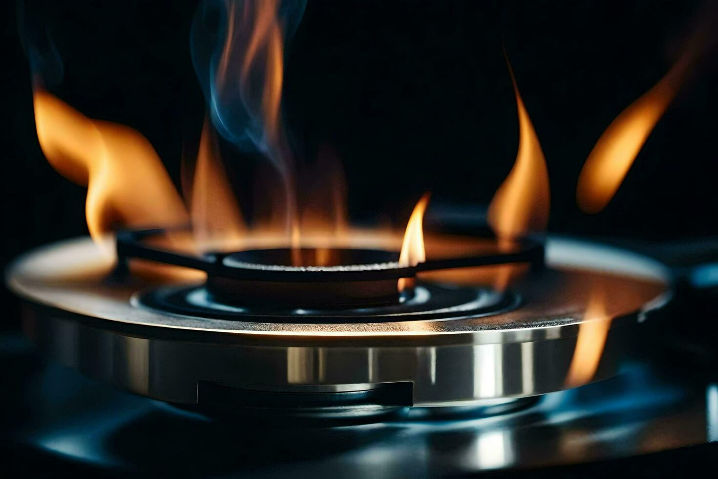 a close up of a gas stove with flames. AI-Generated photo