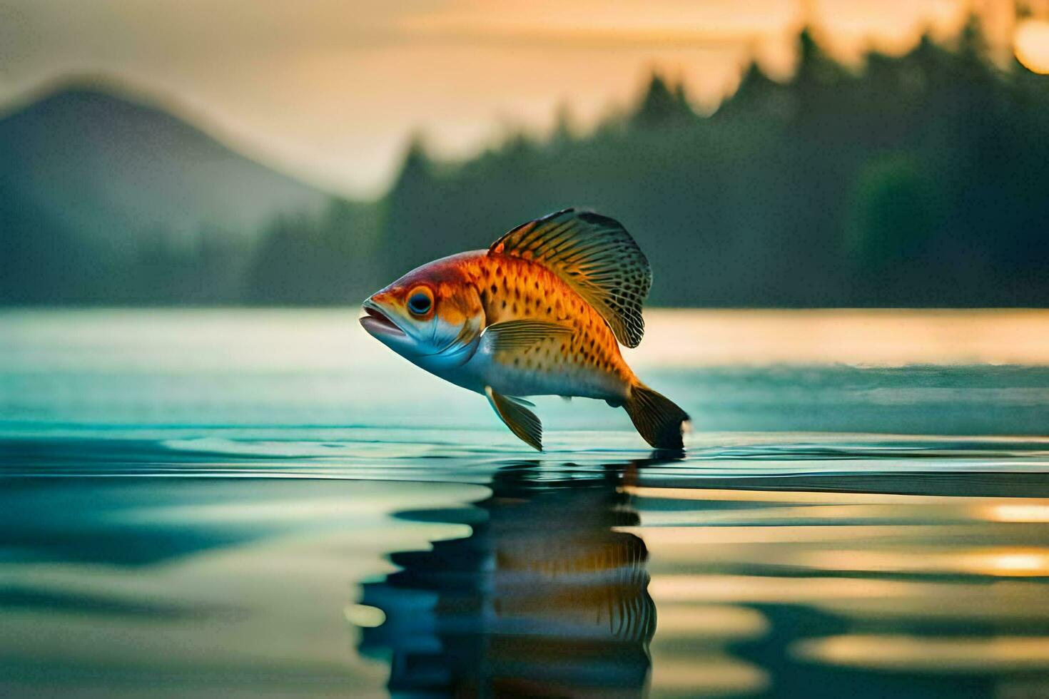 un pescado es saltando fuera de el agua a puesta de sol. generado por ai foto