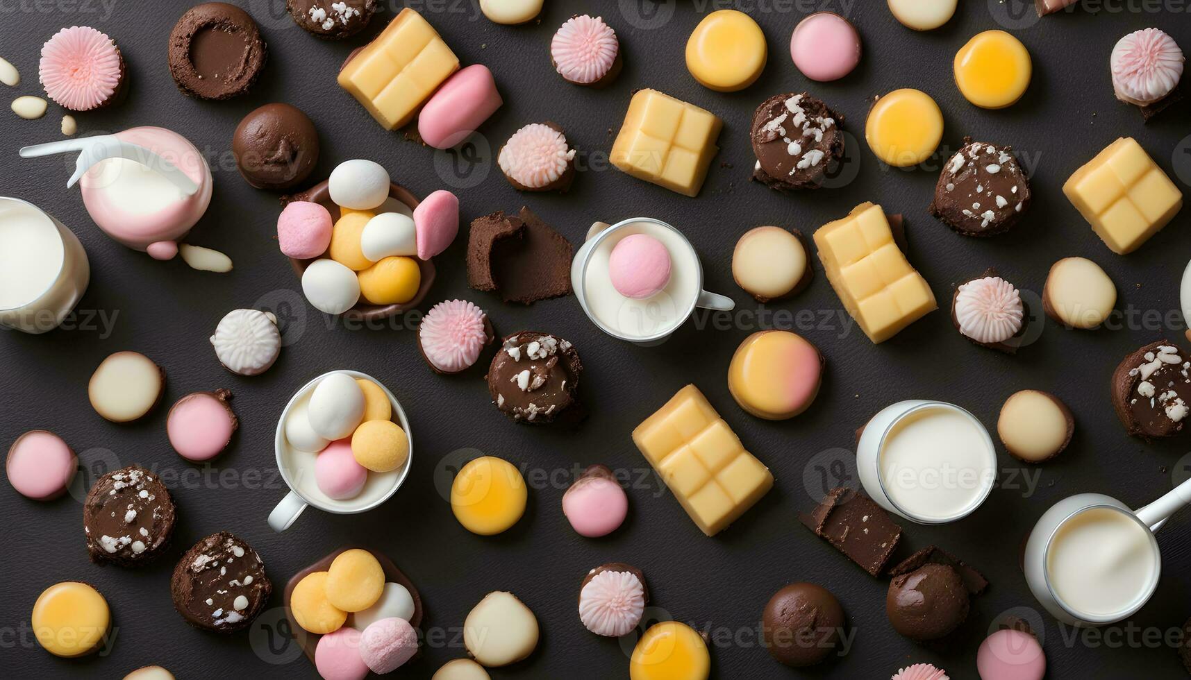AI generated various types of sweets and desserts on a black background photo