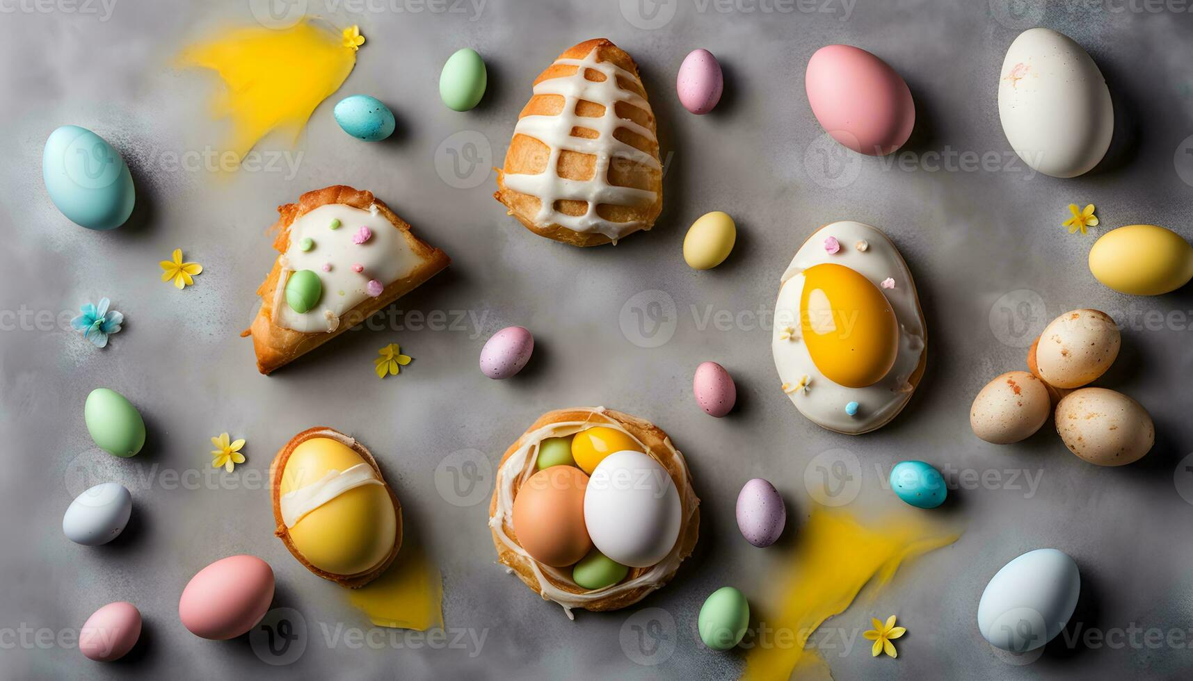 AI generated easter eggs and pastries on a table photo