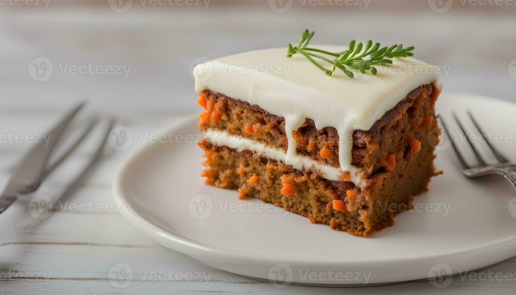 ai generado un pedazo de Zanahoria pastel con crema queso Crema en un blanco plato foto