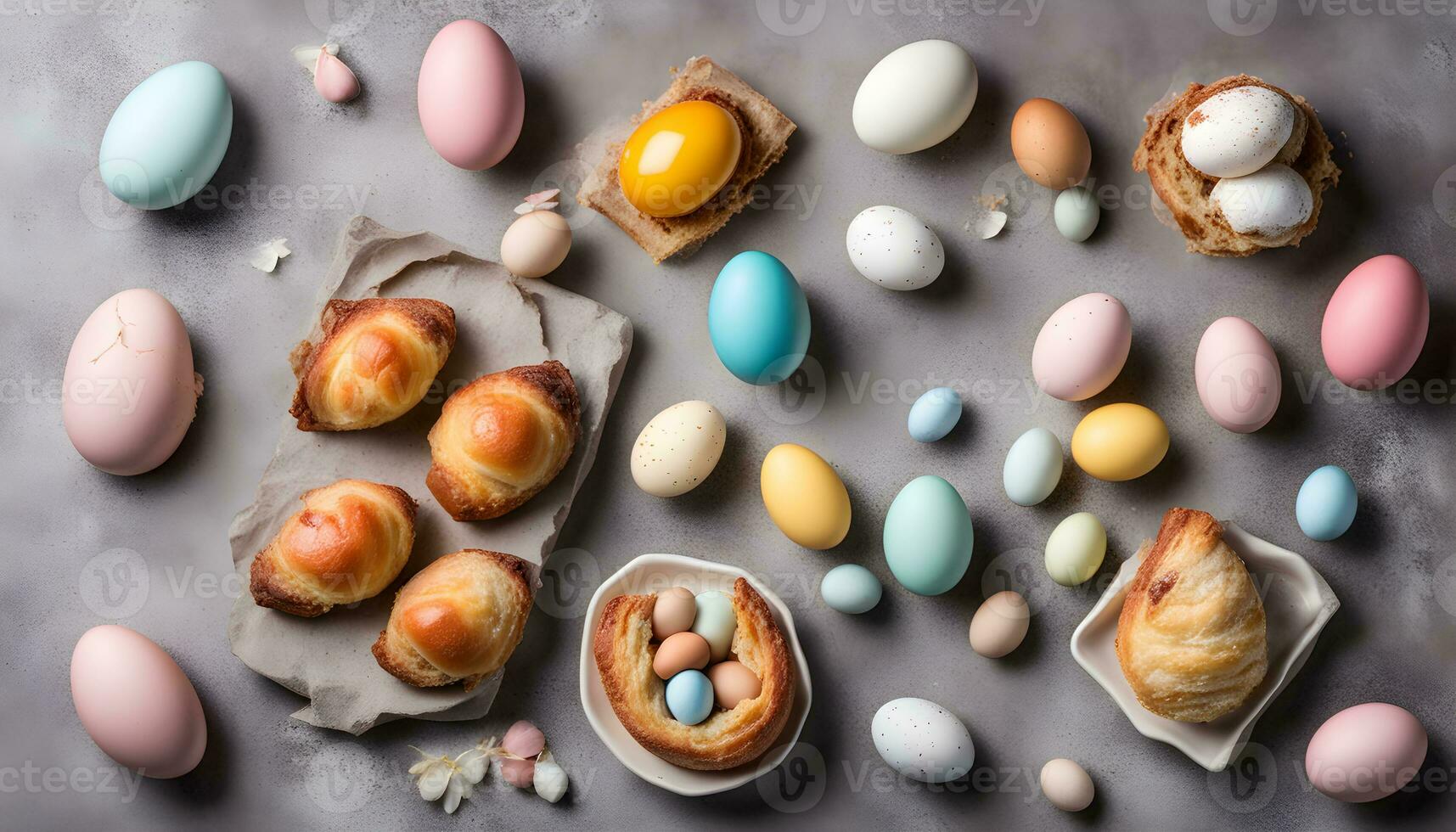 AI generated colorful easter eggs on a table photo