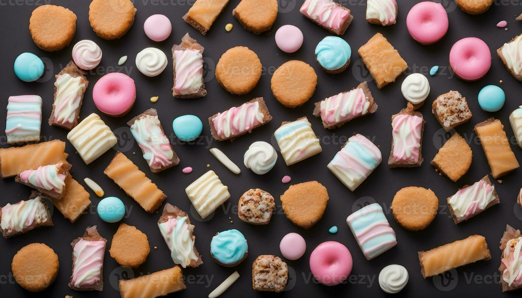 AI generated assorted sweets on a black background photo
