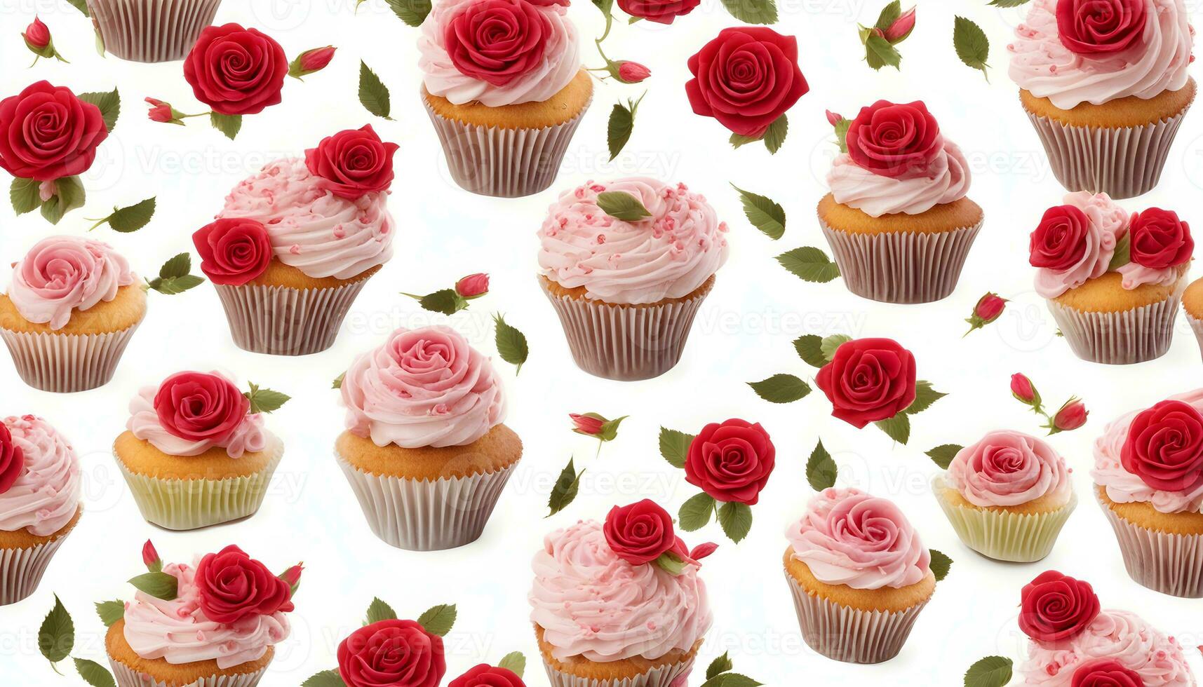 AI generated cupcakes with roses on a white background photo