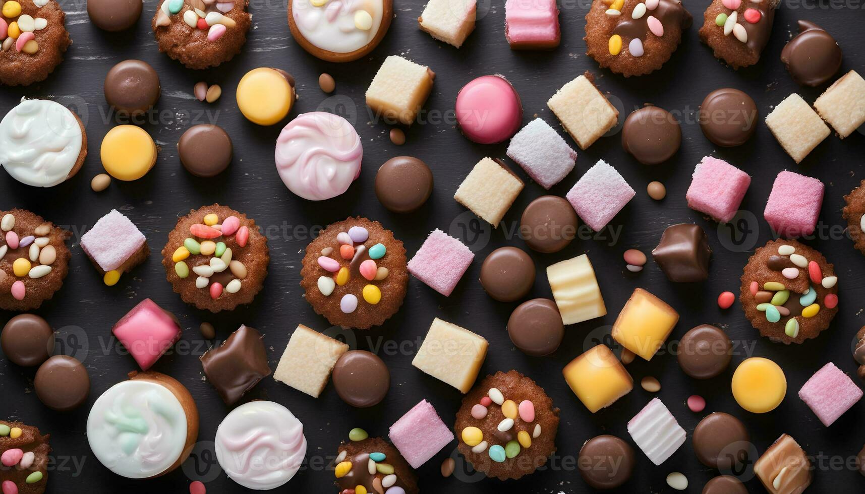AI generated assortment of chocolate and sweets on a black background photo