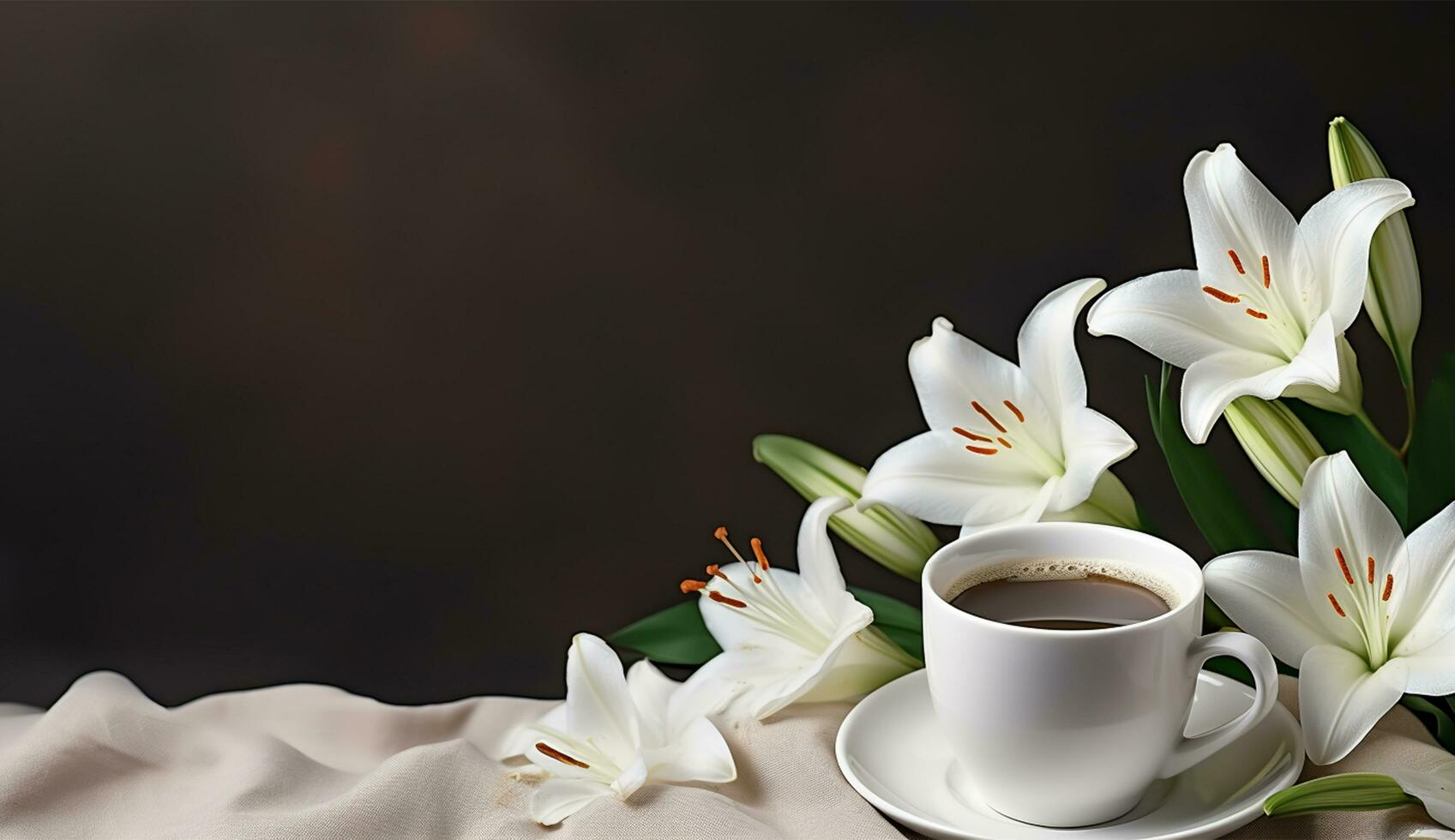 AI generated Flat lay coffee cup with tulip flower background photo