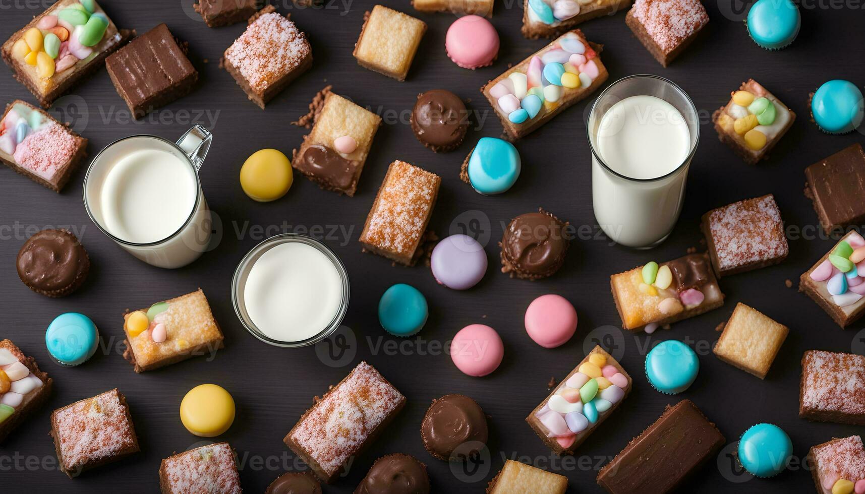 AI generated various types of cookies and milk on a table photo