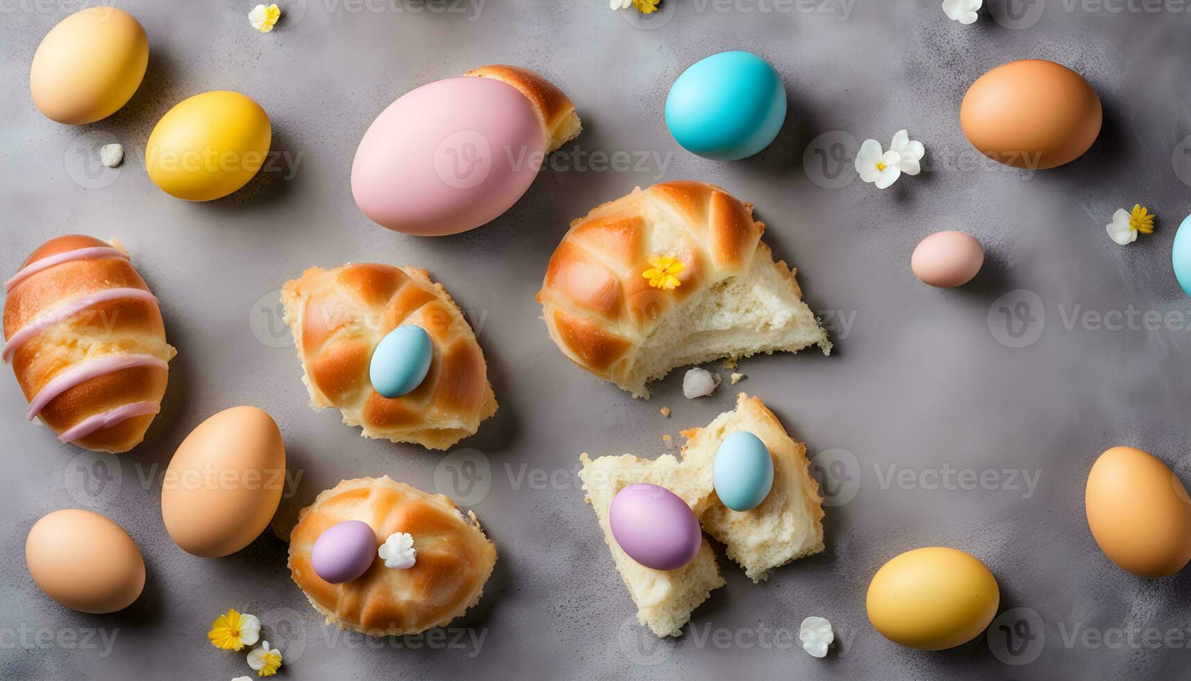 AI generated easter eggs and croissants on a gray background photo