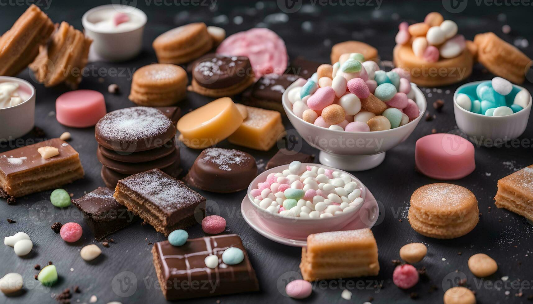 AI generated assortment of sweets and sweets on a black background photo