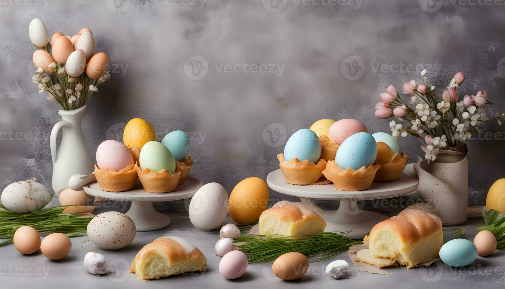 AI generated easter eggs and bread on a table with flowers photo