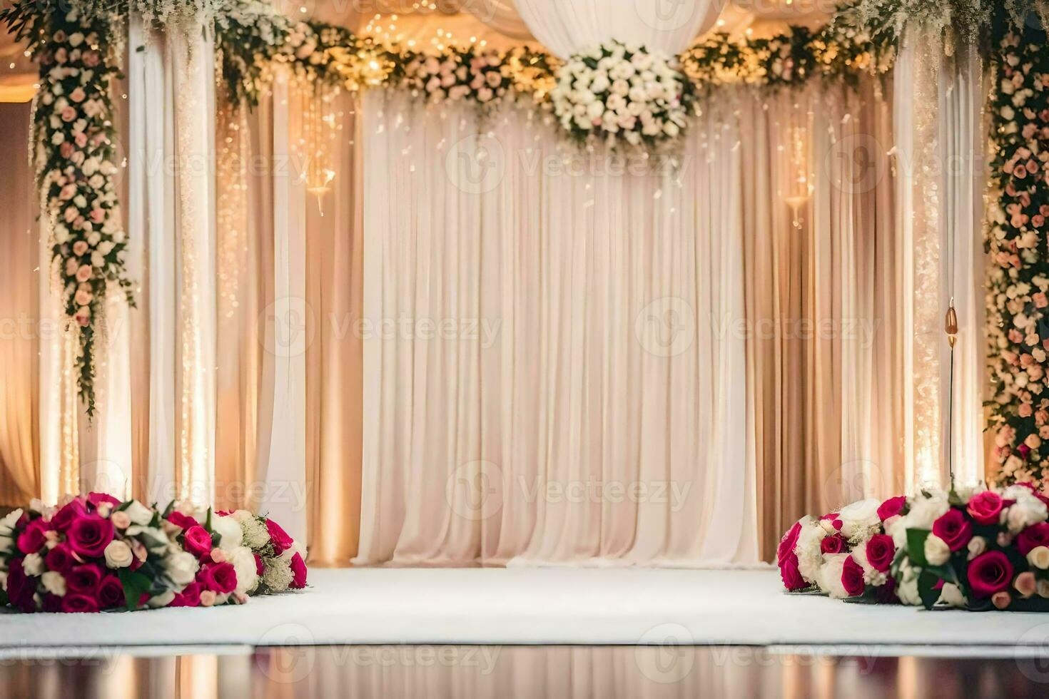 AI generated a wedding ceremony with floral decorations and white curtains photo