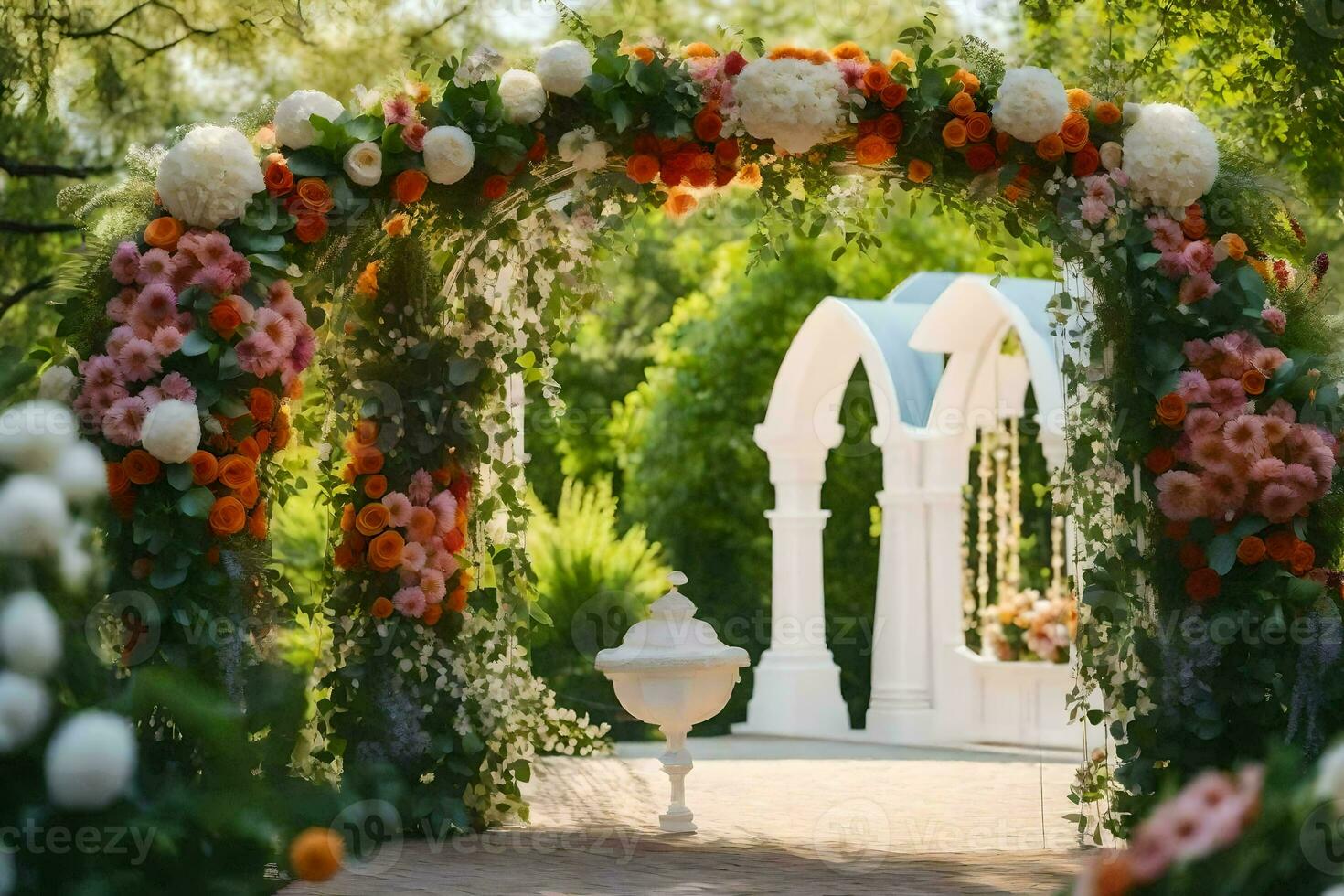 AI generated an archway with flowers and a white archway photo