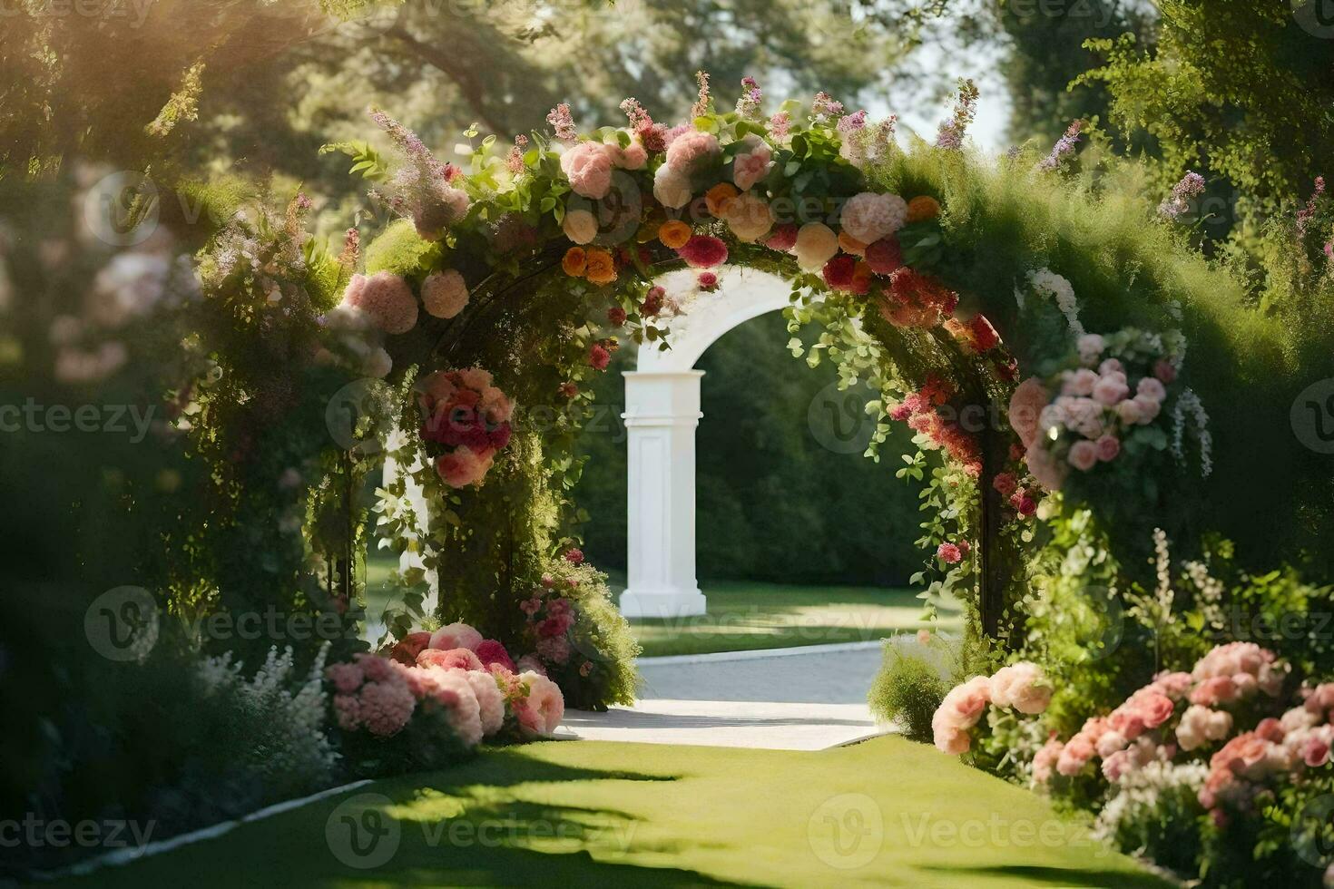 AI generated a wedding archway with flowers and greenery photo