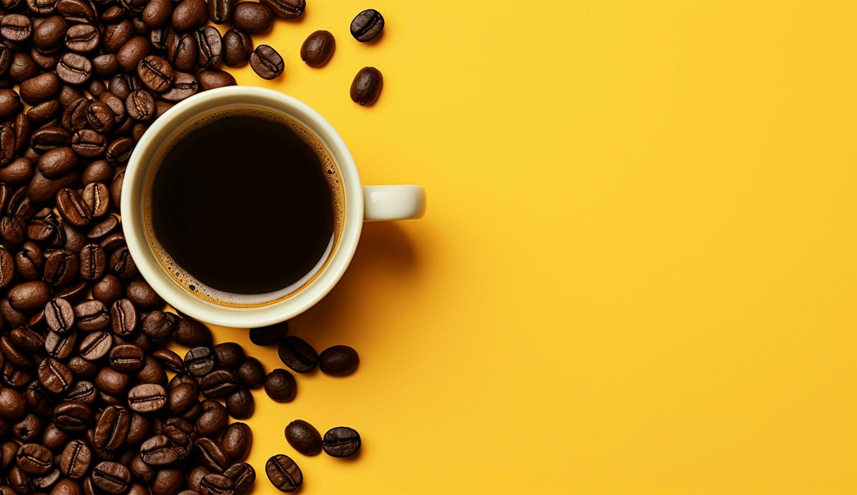 AI generated Cup of flat lay coffee on the table with tulip background photo
