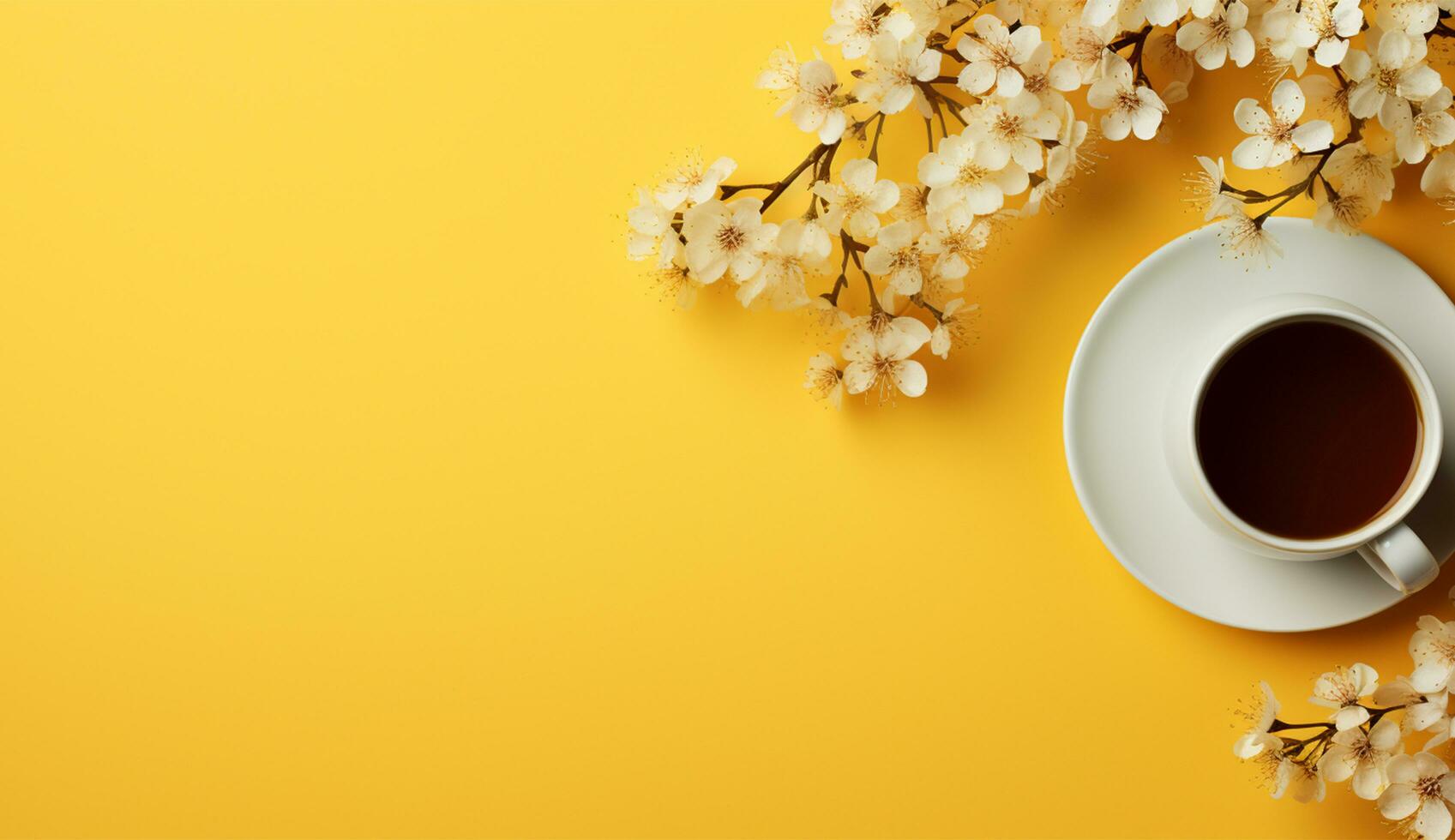 AI generated Cup of flat lay coffee on the table with tulip background photo