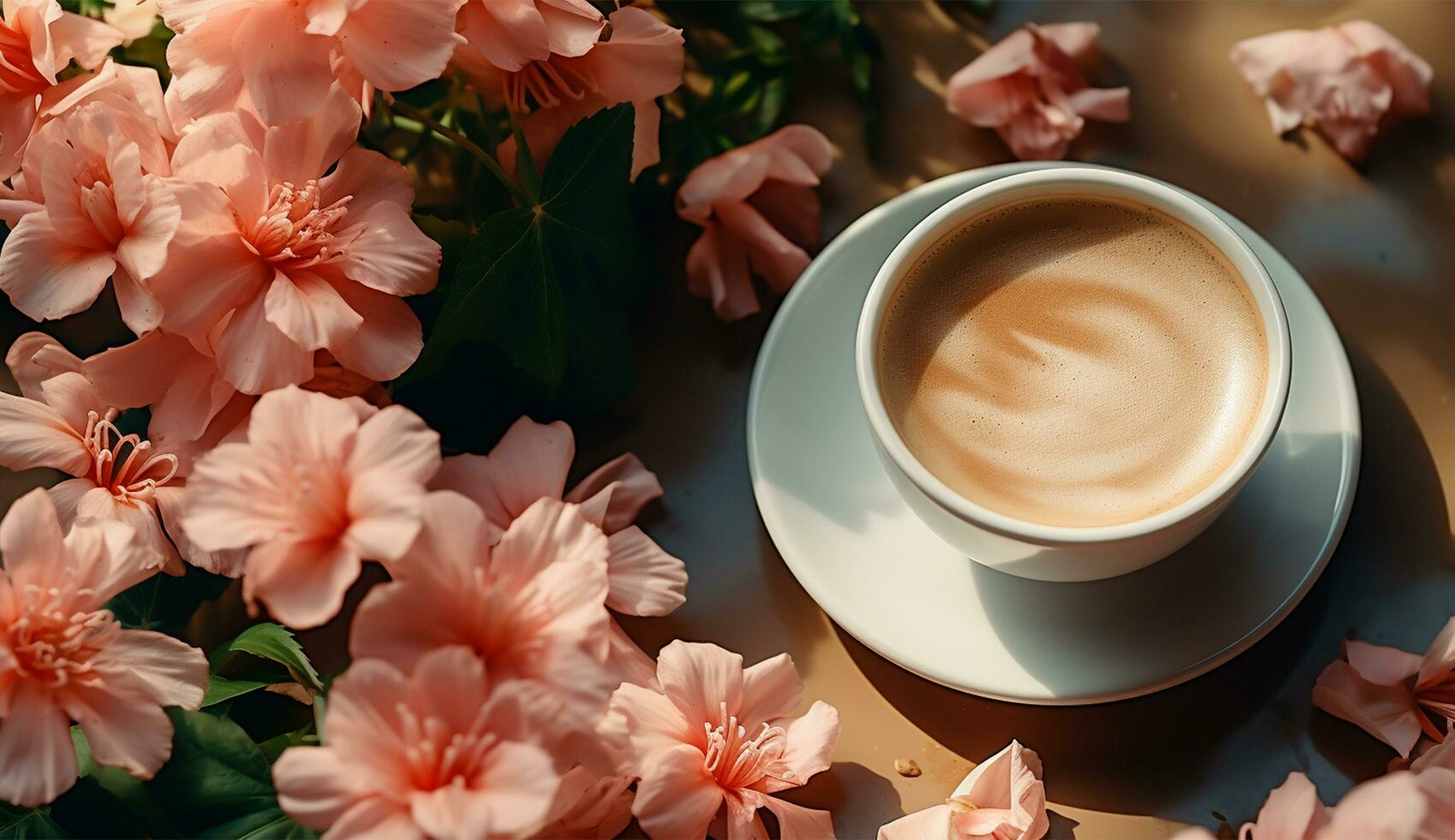ai generado plano laico café taza con tulipán flor antecedentes foto