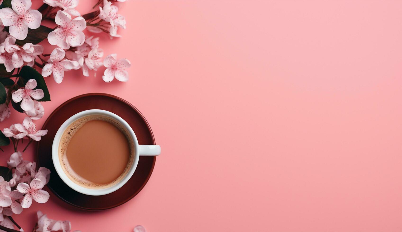 AI generated Cup of flat lay coffee on the table with tulip background photo