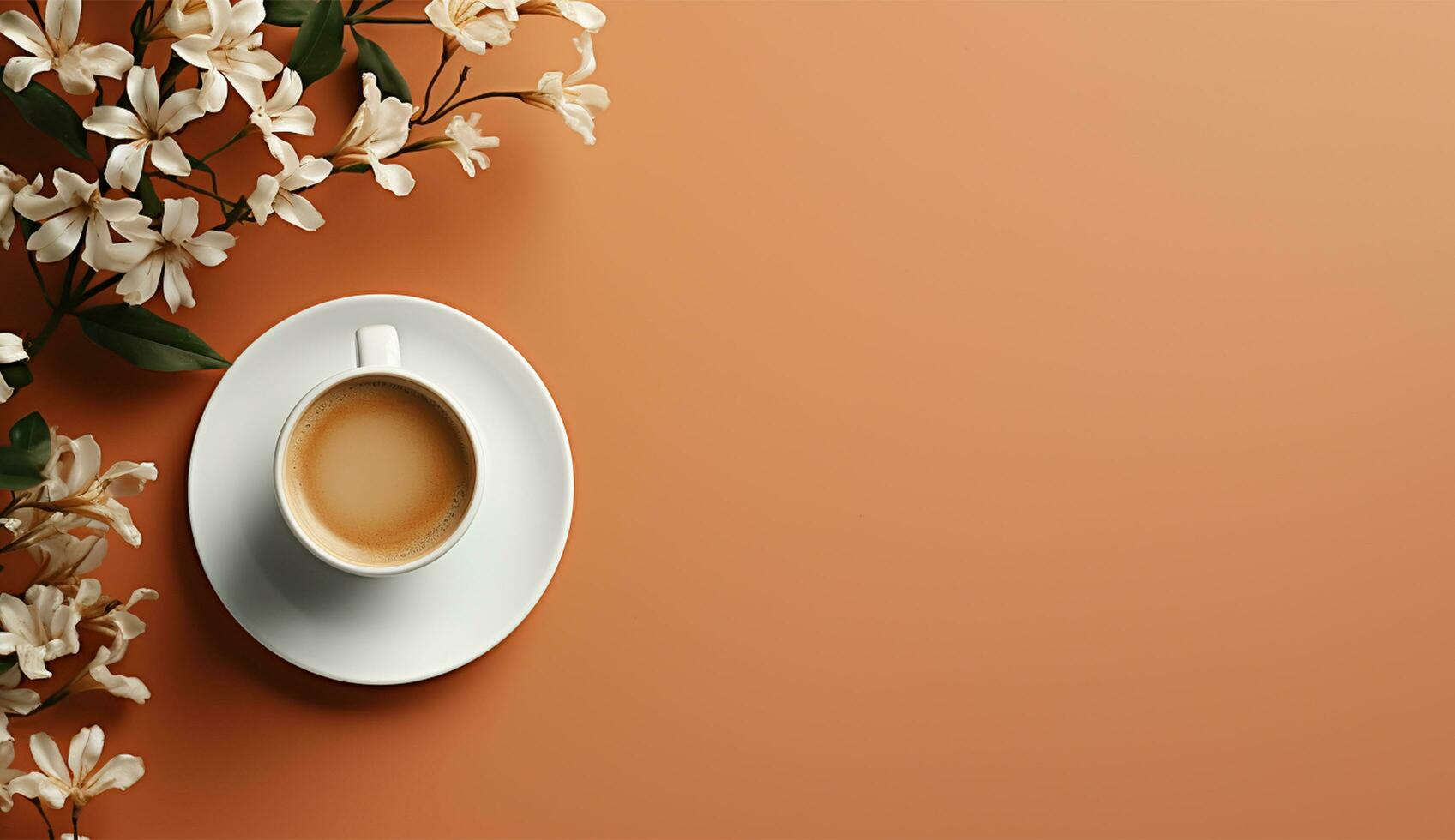 AI generated Cup of flat lay coffee on the table with tulip background photo