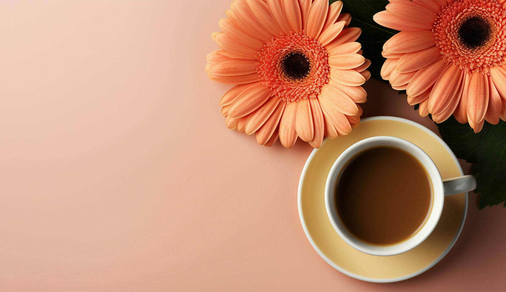 AI generated Flat lay coffee cup with tulip flower background photo