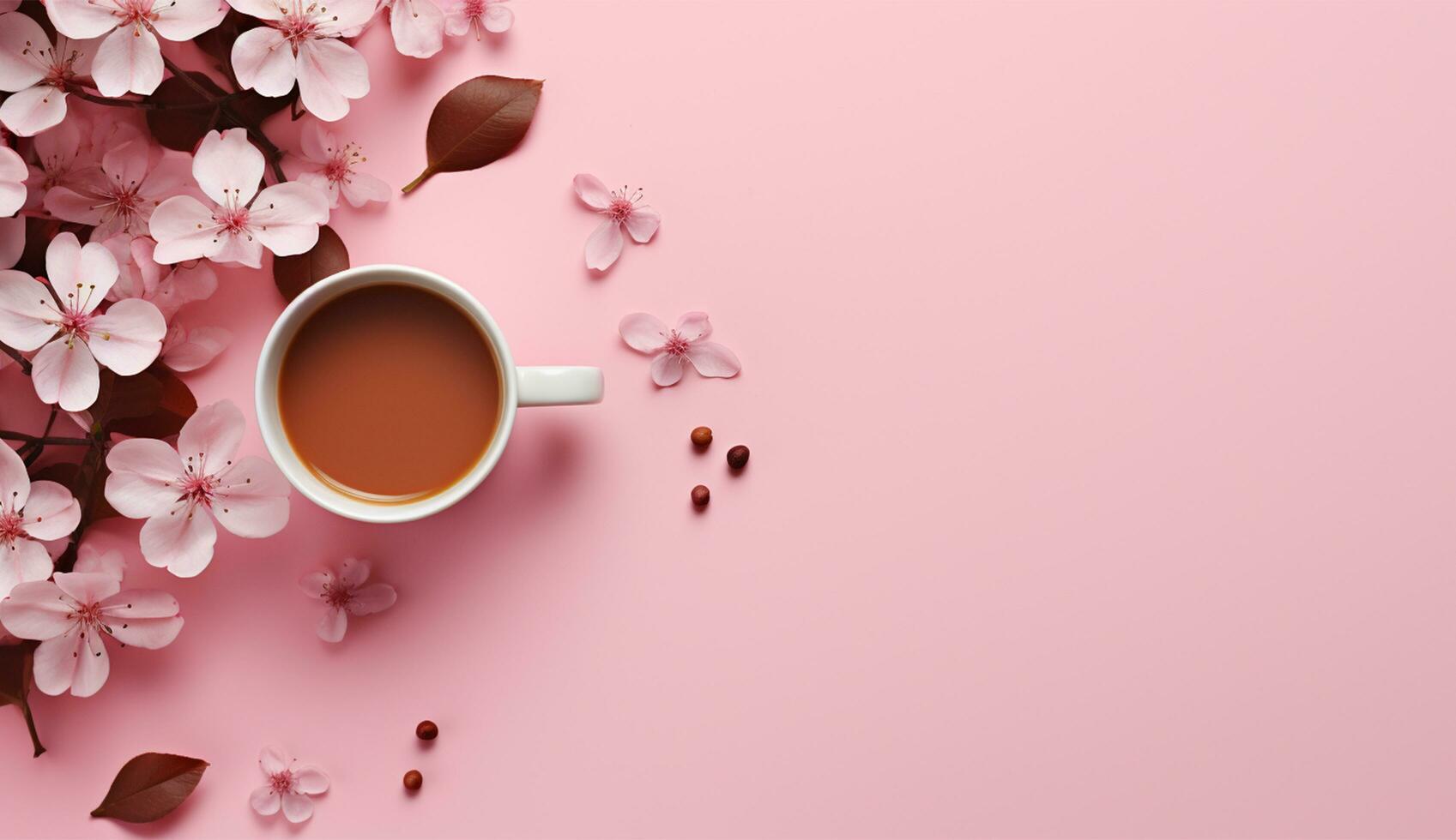 AI generated Cup of flat lay coffee on the table with tulip background photo