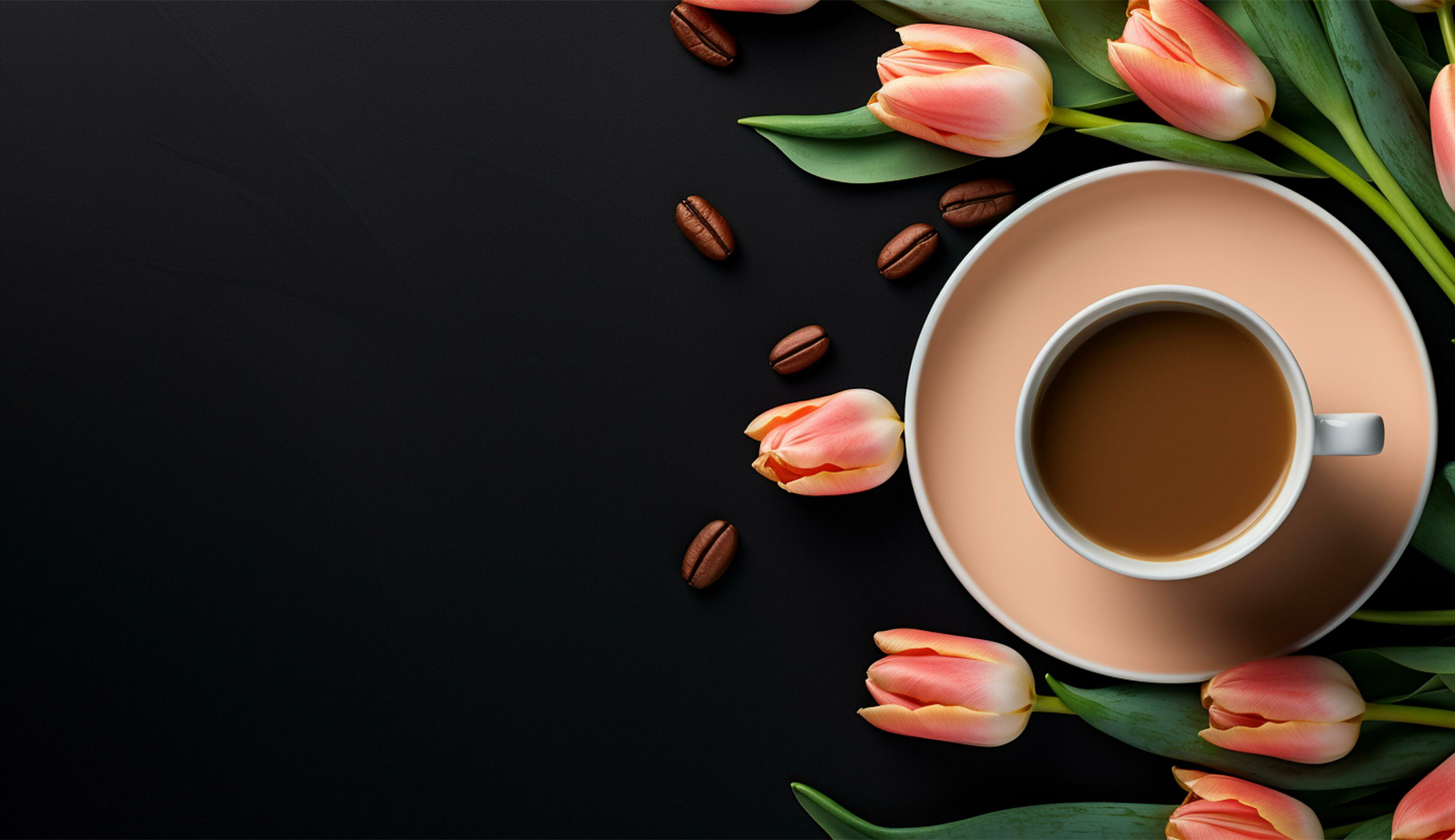 AI generated Flat lay coffee cup with tulip flower background 36395757